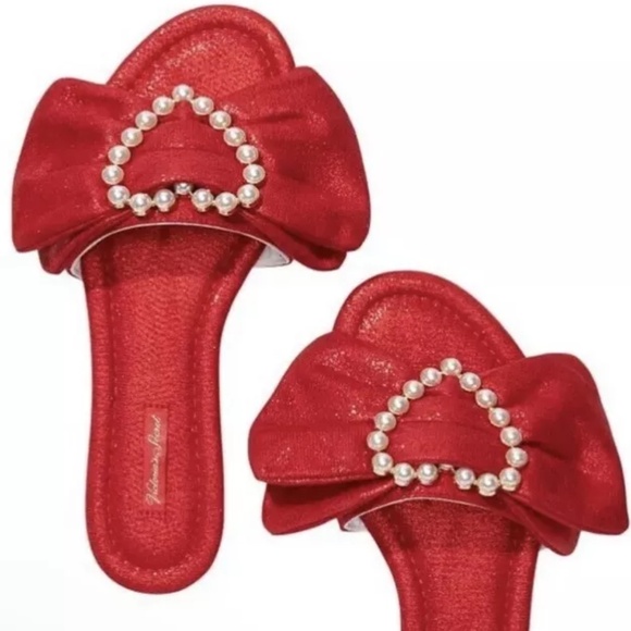 Victoria's-Secret Slippers Large (9-10) Red Shimmer Bow Pearl Heart Slides New - Picture 3 of 4